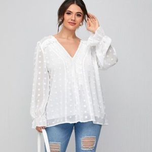 SHEIN Swiss Dot Plicated Flounce Sleeve Blouse